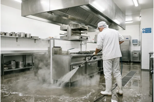 Limpieza de cocina industrial con hidrolimpiadora de agua caliente