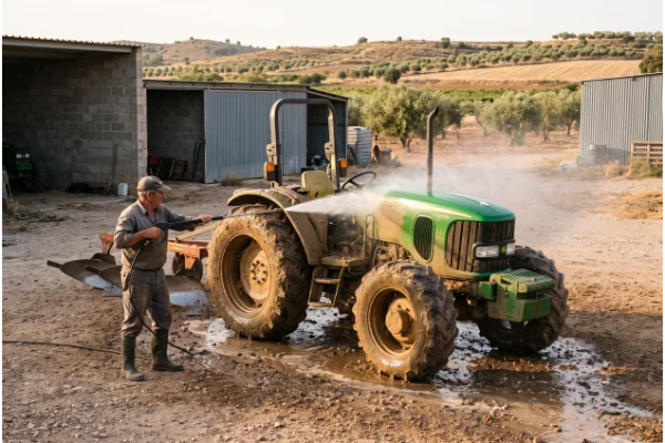 Limpieza de tractor agrícola con hidrolimpiadora